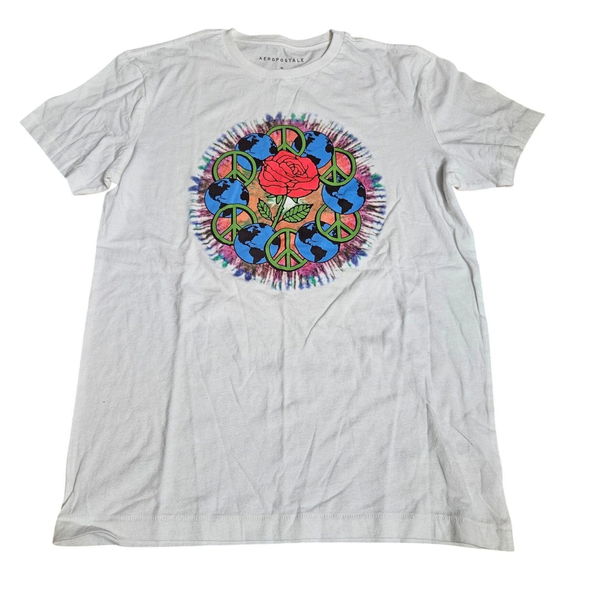 Aeropostale Mens Small White Graphic Tee Peace Sign Earth Rose Tie Dye Print