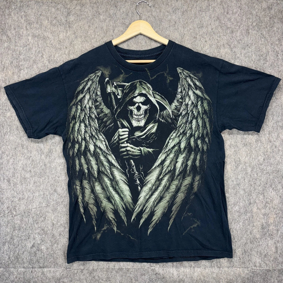 Vintage Y2K Grim Reaper All Over Skull T Shirt Men's Medium Winged Death Angel