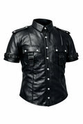 Men’s Black Leather Shirt Gothic Short Sleeve Buckled with X‑Strap Back Harness