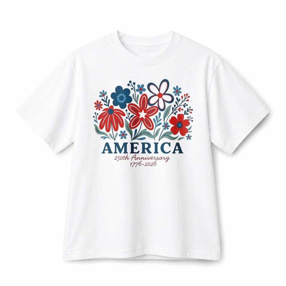 America 250th Anniversary Red Blue Floral Patriotic Retro Graphic Cotton T-Shirt