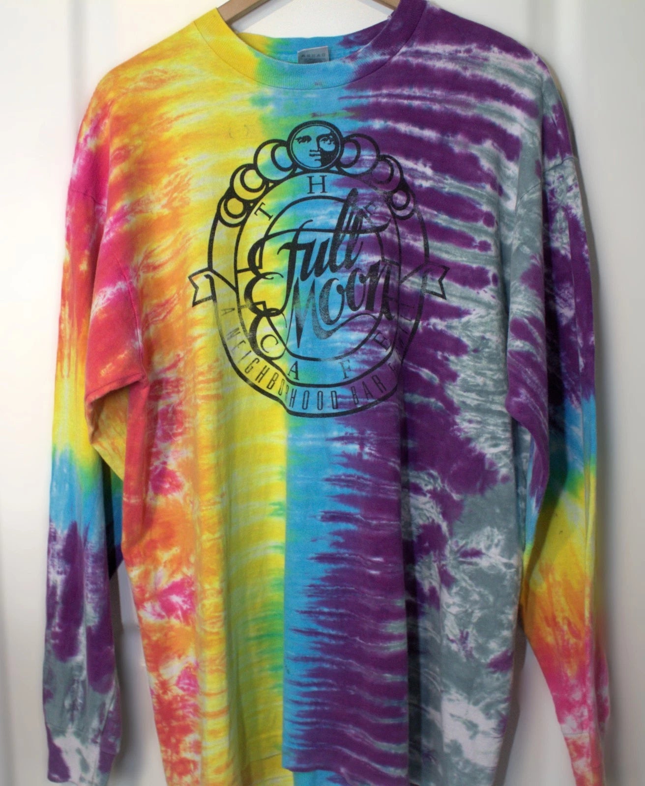 Vintage 90s The Full Moon Cafe Tulsa Long-Sleeve T-shirt XL Tie Dye Faded Grunge