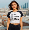 NICE NAUGHTY-HORNS | Girls Tees | Novelty -Simple Funny | Ladies Raglan Crop Top