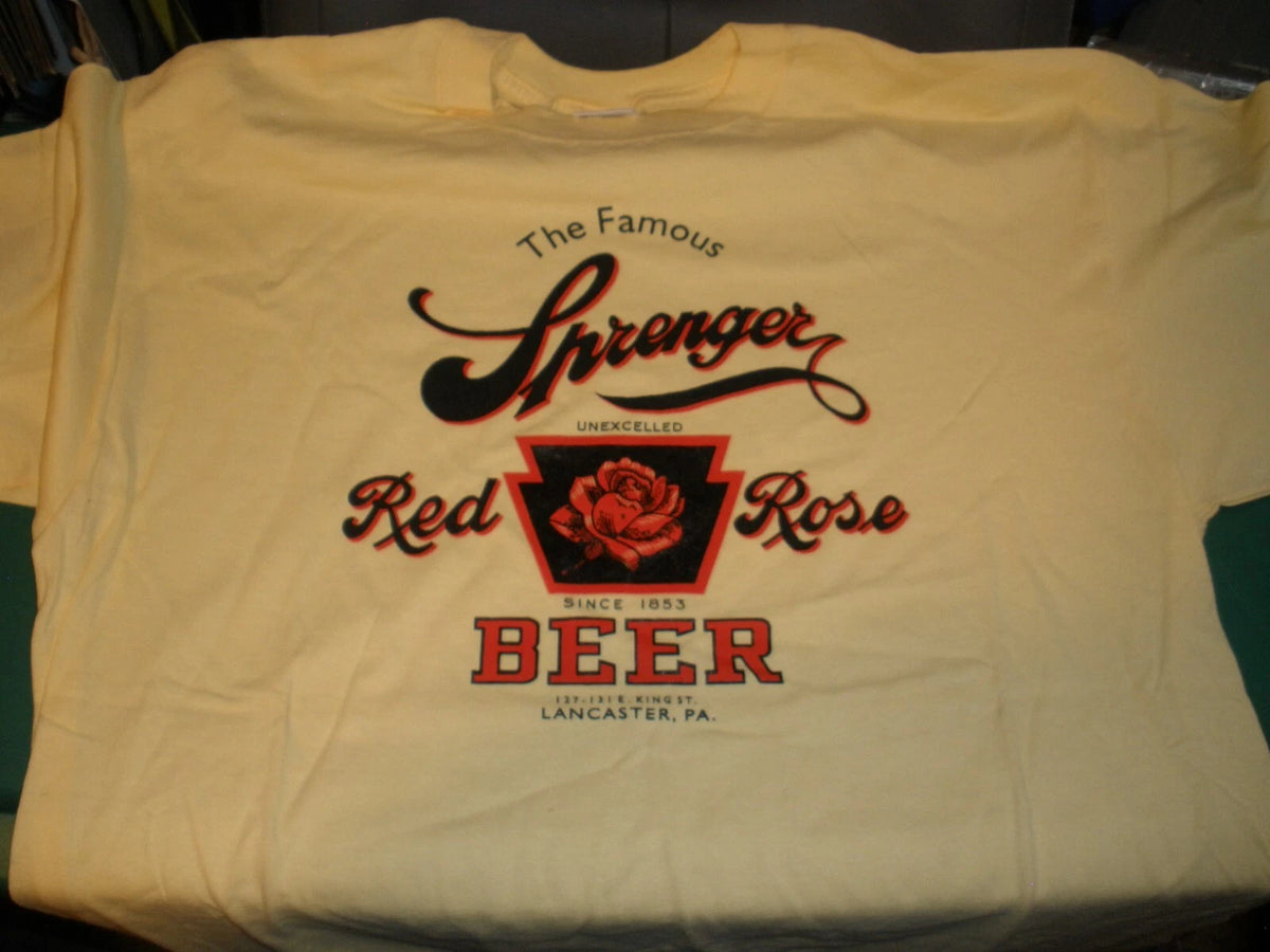 NEW Men's XL Short Sleeve Yellow T-shirt The Famous Sprenger Red Rose Beer