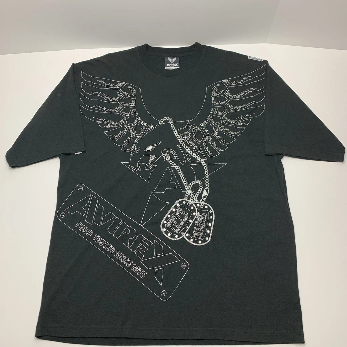 Vintage Avirex T-Shirt Y2k Eagle Dog Tag Black Oversized Tee Mens Size 3XL
