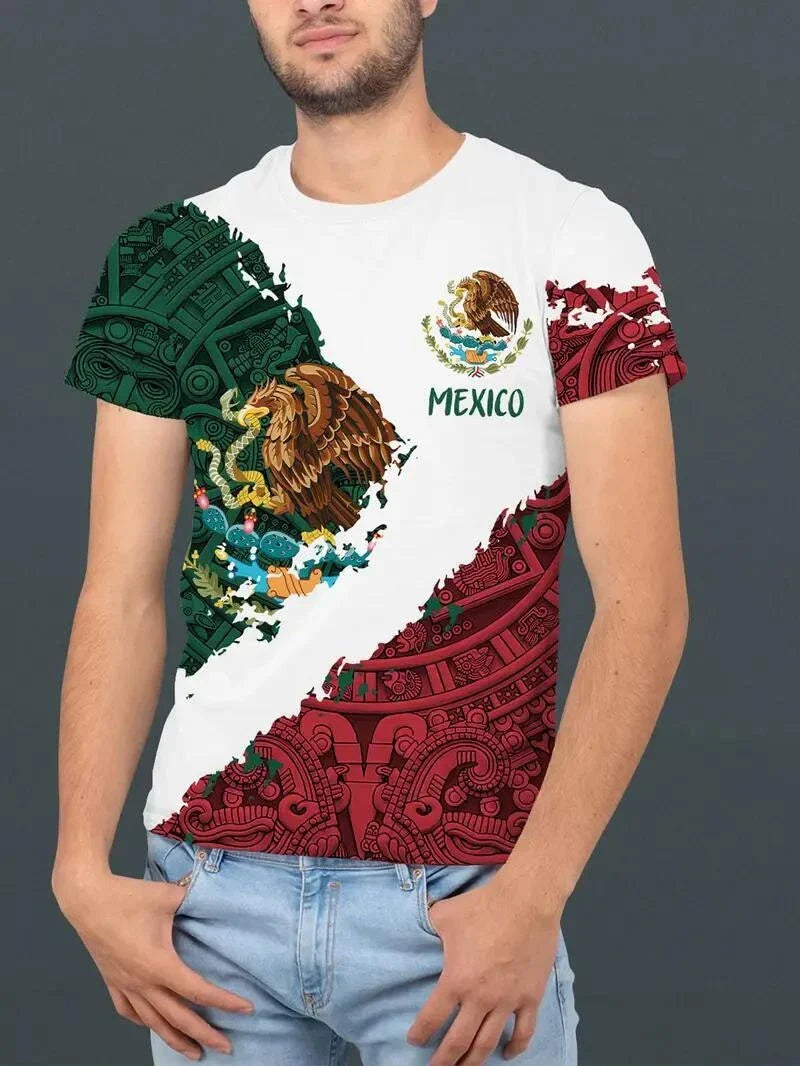 T-Shirt Mexican Aztec Eagle Novelty Red Green Mexico Short Sleeve Men's T Shirts
