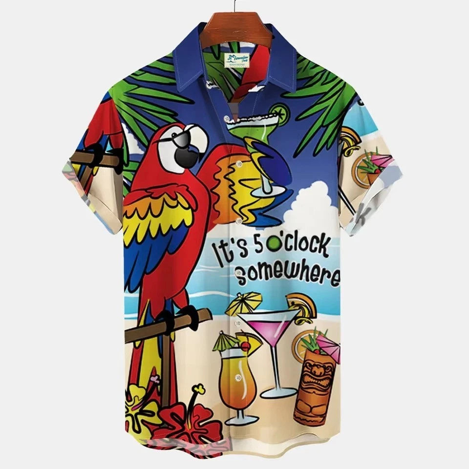 Mens Button Down Parrot Cocktail Beach Hawaiian Top Novelty Holiday Gift Shirt