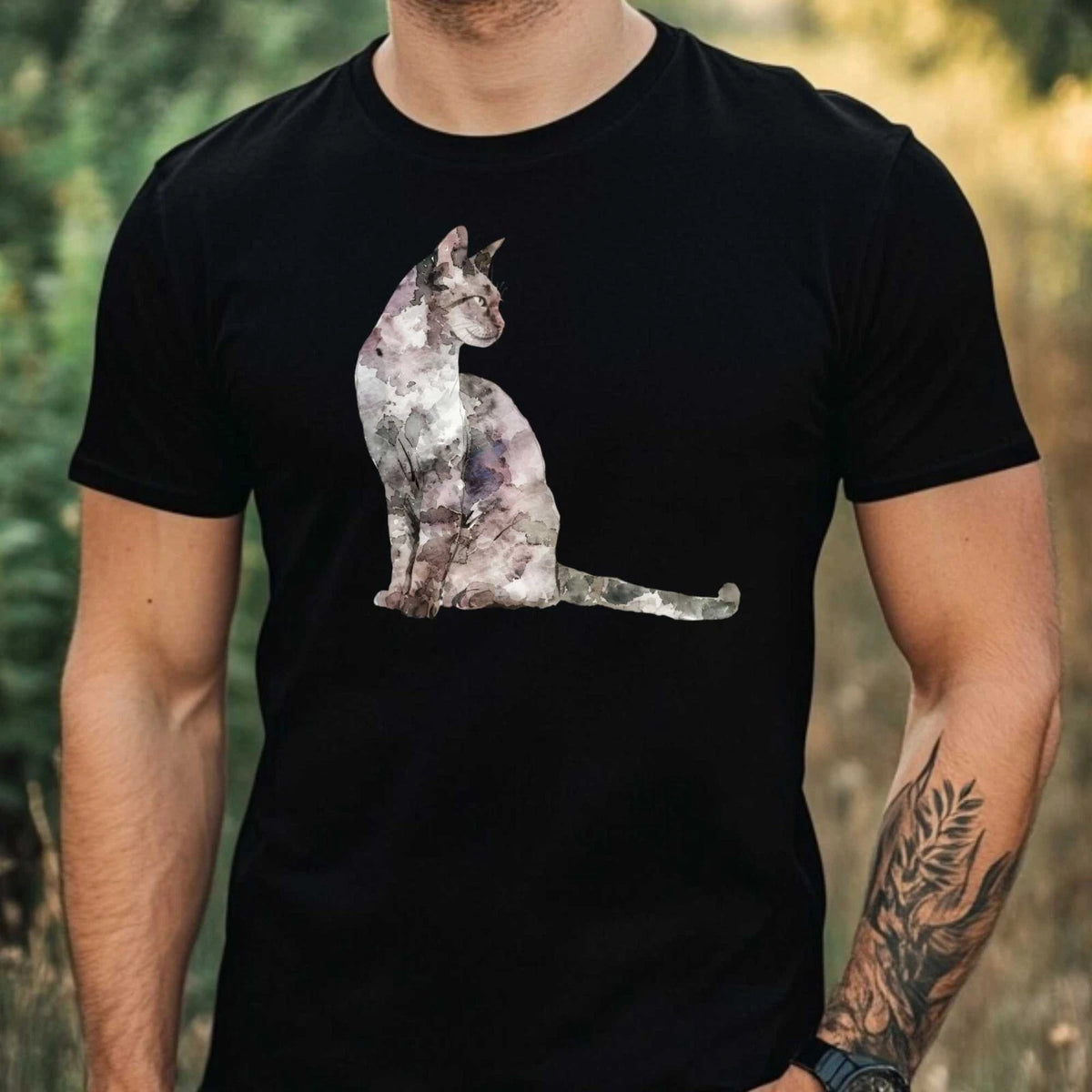 Mens Watercolour Cat Print Cotton T-Shirt Size XS to 5XL