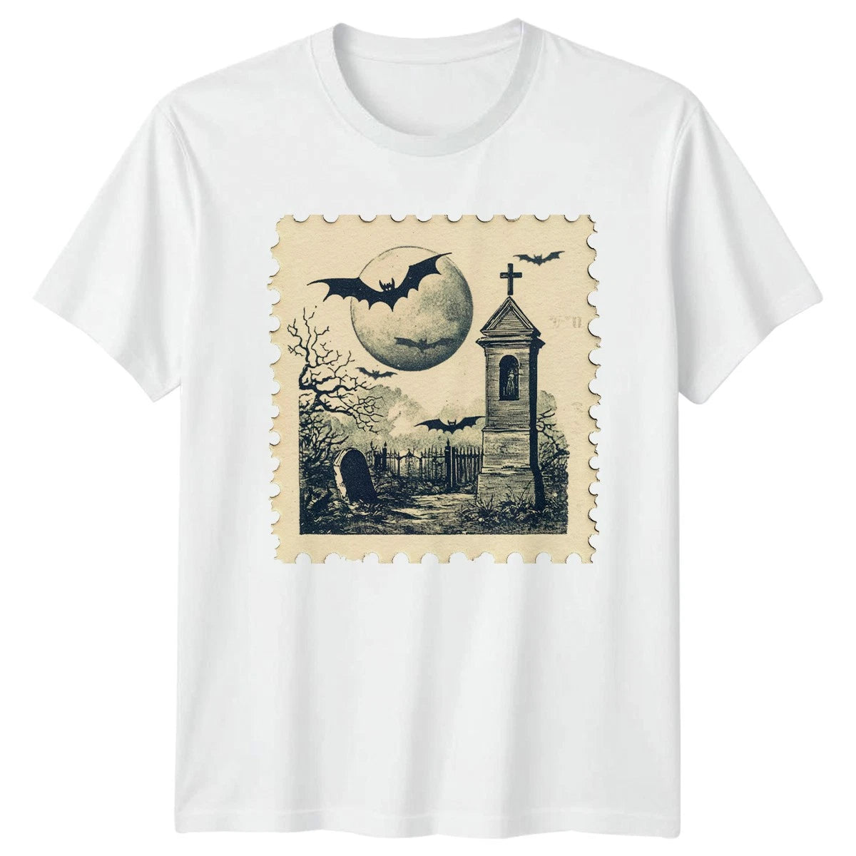 Vintage Halloween Graveyard Bats Moon Holidays Mens T-Shirt Womens Tee
