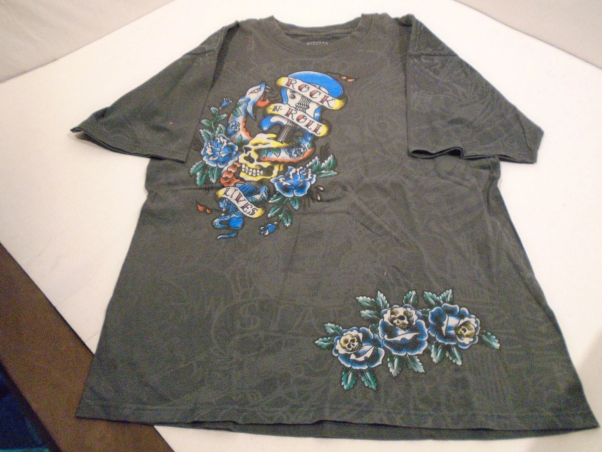 Men's T-shirt Sz L Rock and Roll Lives Graphics Original Grey Star Skulls Y2K
