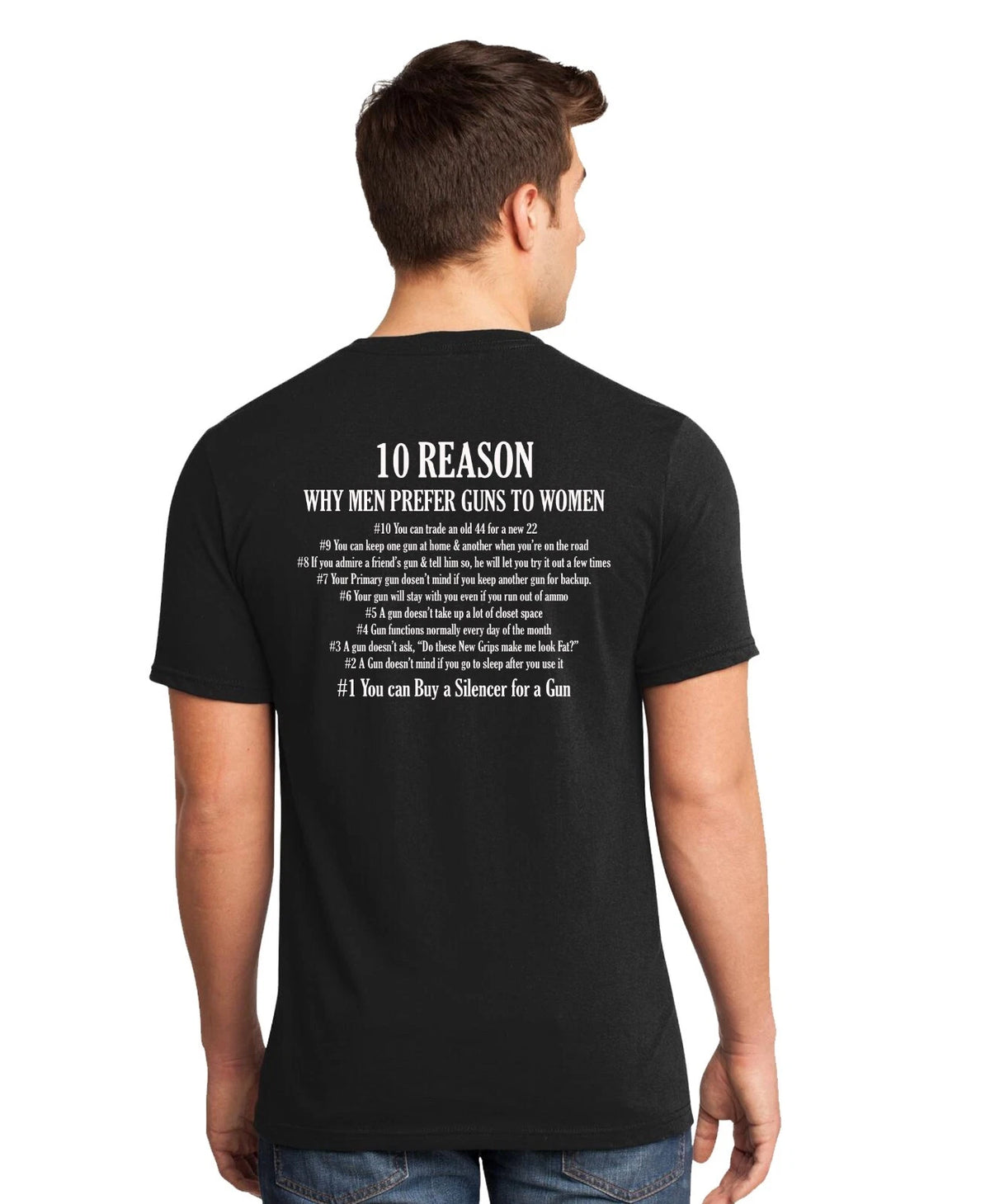 Sarcastic, funny, gift idea 10 reasons Guns vs Women graphic tee-shirt