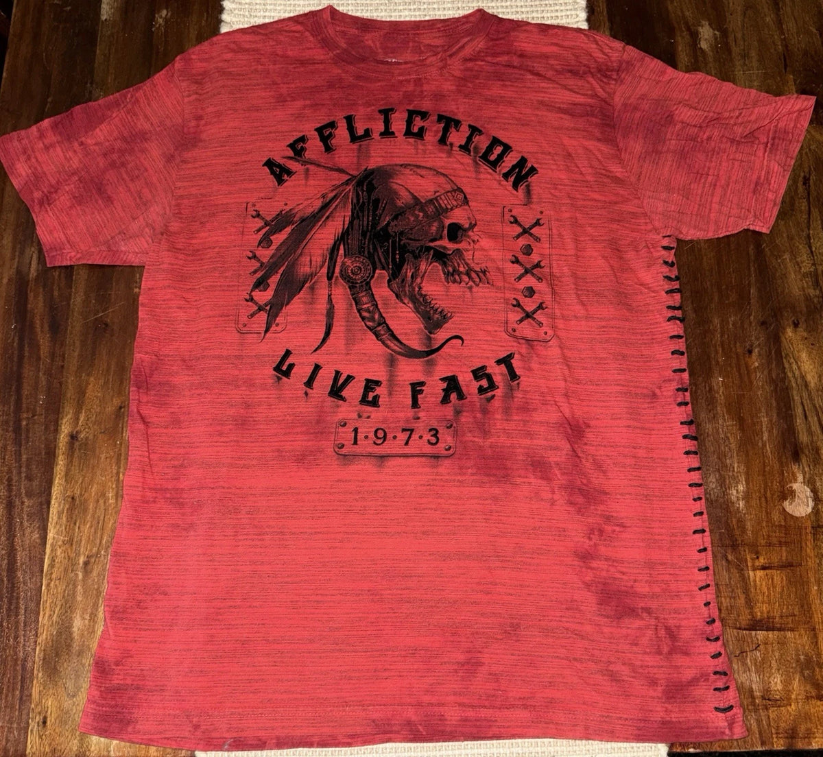 Affliction American Customs Live Fast 1973 Men's XL Red Skull Graphic SS Tee