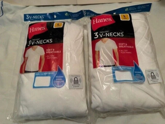 NEW- Hanes T Shirts Mens V-NECK LARGE White 2 / 3 Packs (6 TOTAL)- FIRST QUALITY