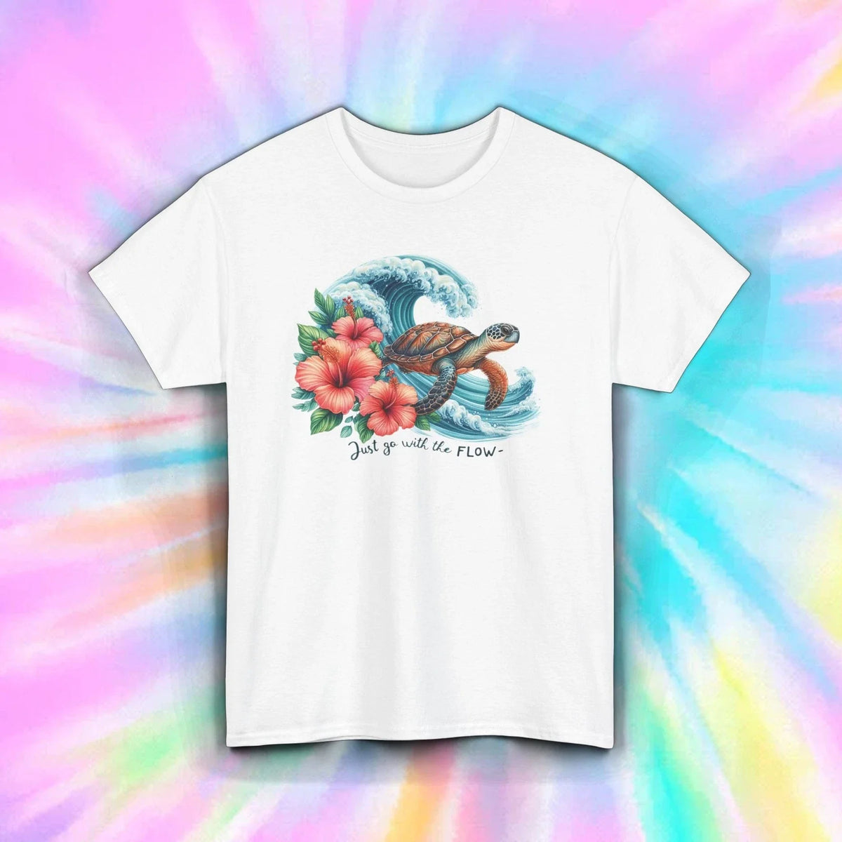 Sea Turtle Shirt Just Go With The Flow Hibiscus Beach Graphic Tee S-5XL