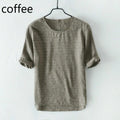 Men Striped T-shirt Linen Cotton Top Tee Shirt Short Sleeve Casual Summer
