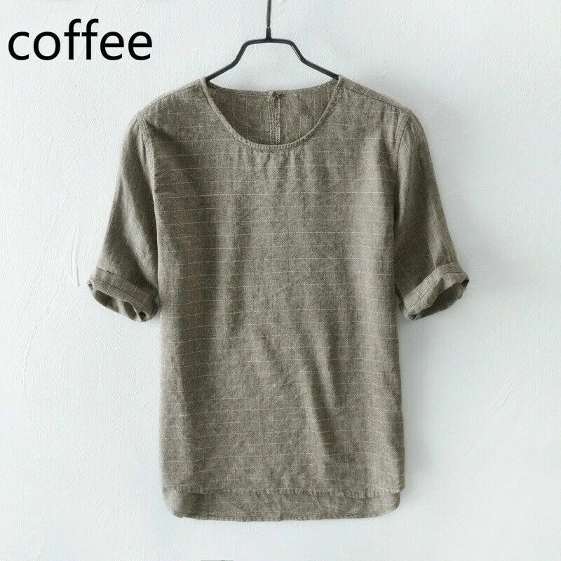 Men Striped T-shirt Linen Cotton Top Tee Shirt Short Sleeve Casual Summer