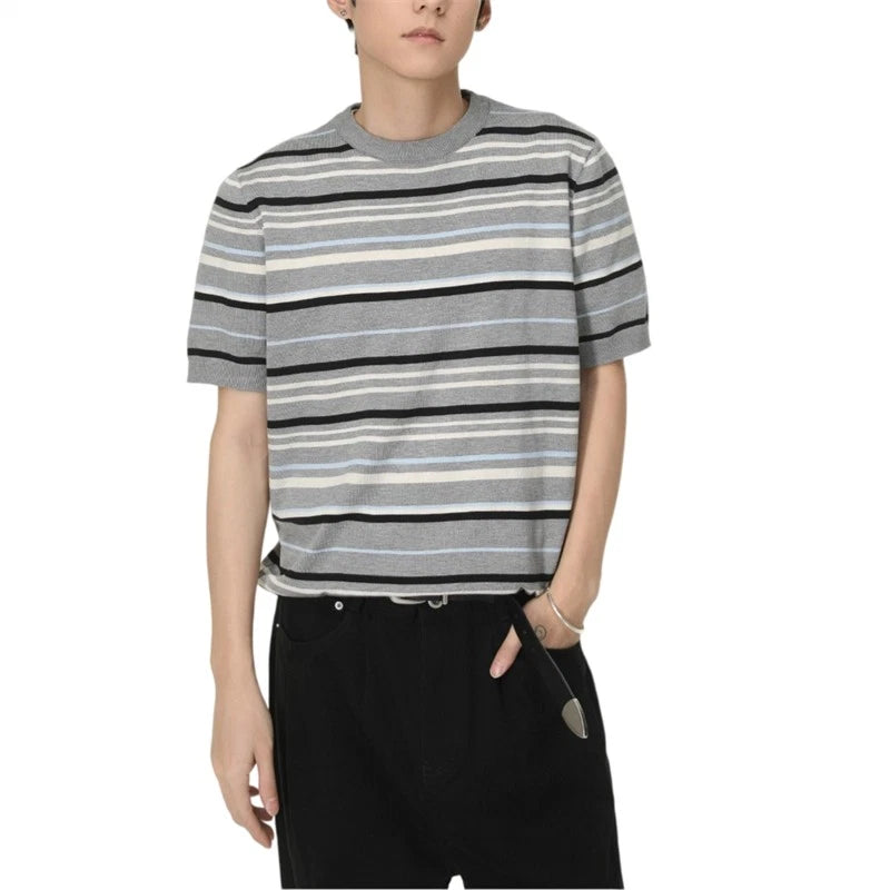 Men's Striped Knit Short Sleeve Crew Neck Viscose Casual Daily Wear T-Shirt