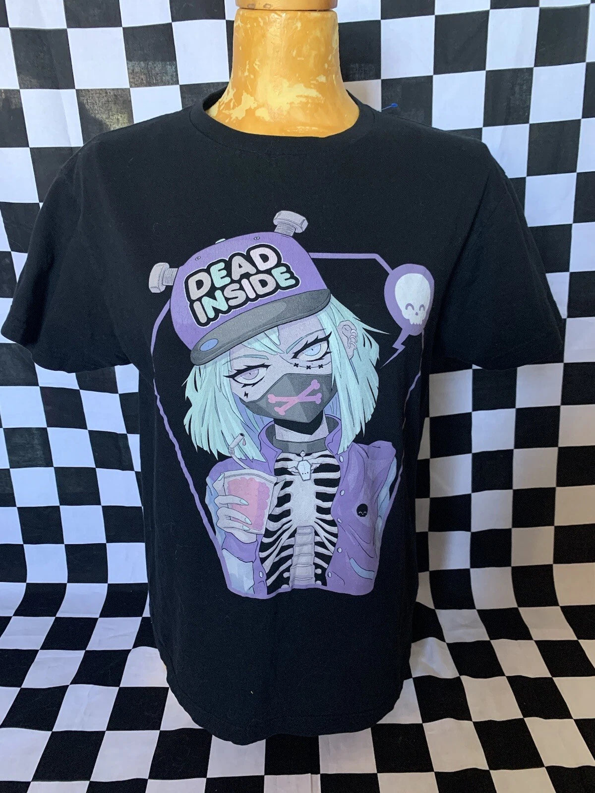 KAWAII KRYPT Logo DEAD INSIDE Anime T-Shirt SKULL Shirt SKELETON Top Sz M