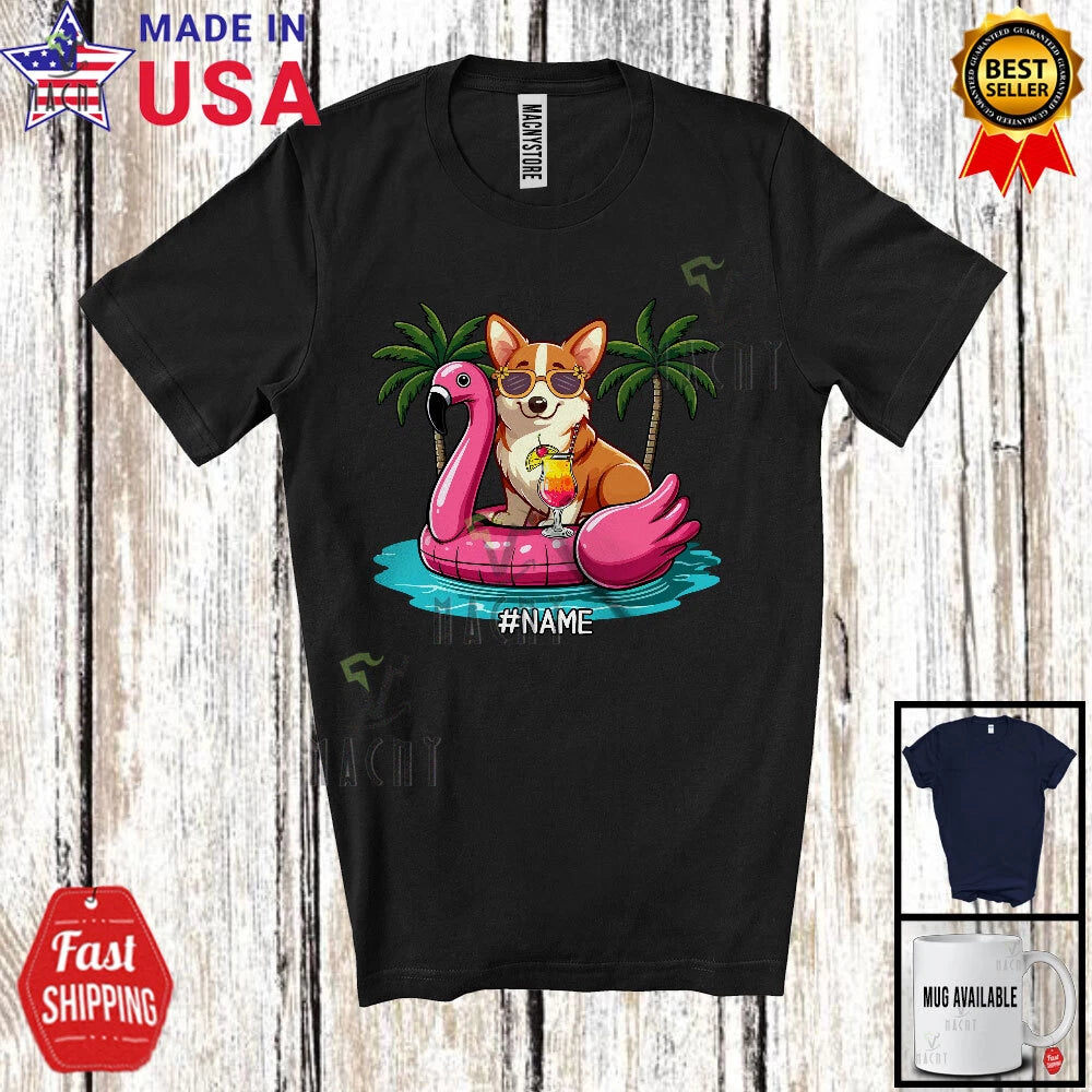 Custom Name Corgi On Flamingo Float; Lovely Summer Hawaii Pool Beach T-Shirt