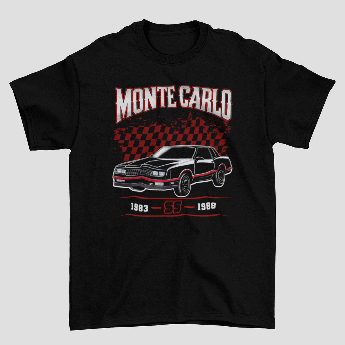 1983-1988 Monte Carlo SS T-Shirt Red & Black Race Checkered Flag Design Unisex