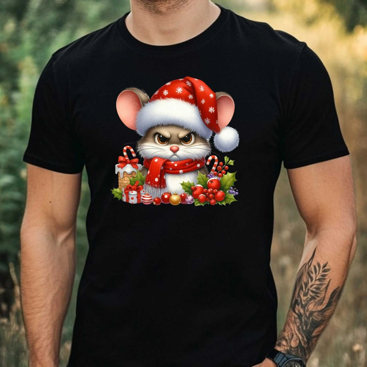Mens Christmas Mouse Print Cotton T-Shirt Size XS to 5XL