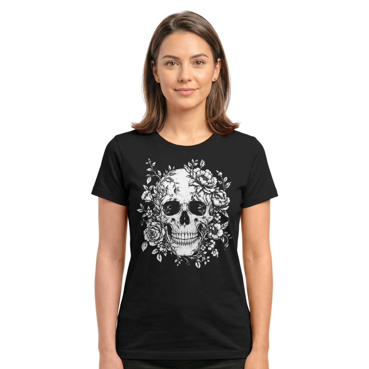 Floral Skull Women T-Shirt | Gothic Flower Skull Halloween Dark Aesthetic Tee