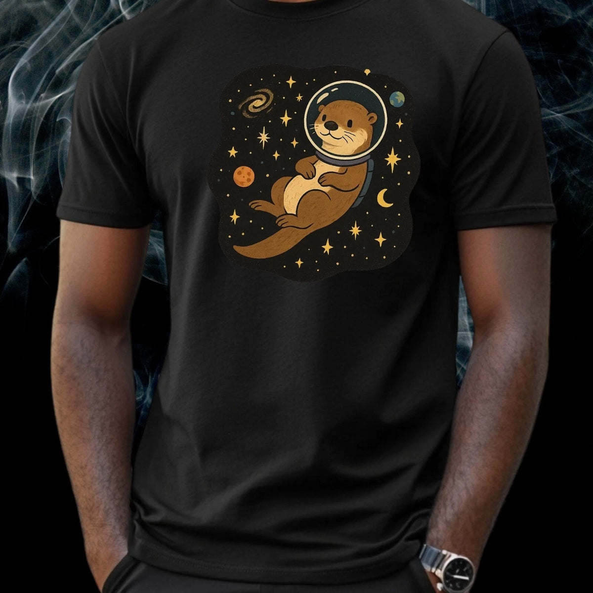 Mens Otter Floating In Space Motif Cotton T-Shirt Size XS to 5XL