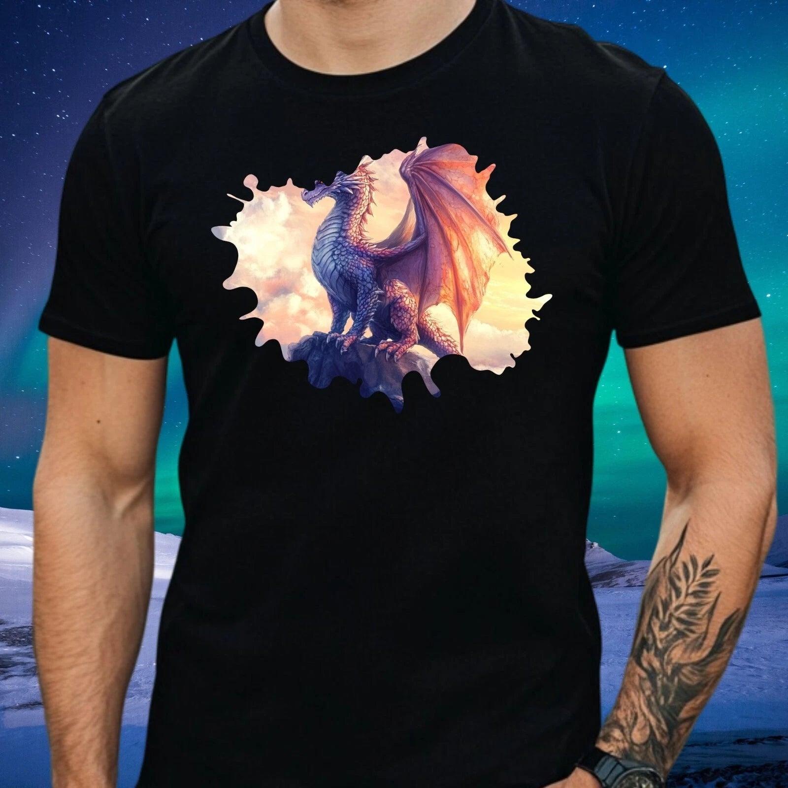 Mens Magical Dragon Theme Cotton T-Shirt Size XS to 5XL