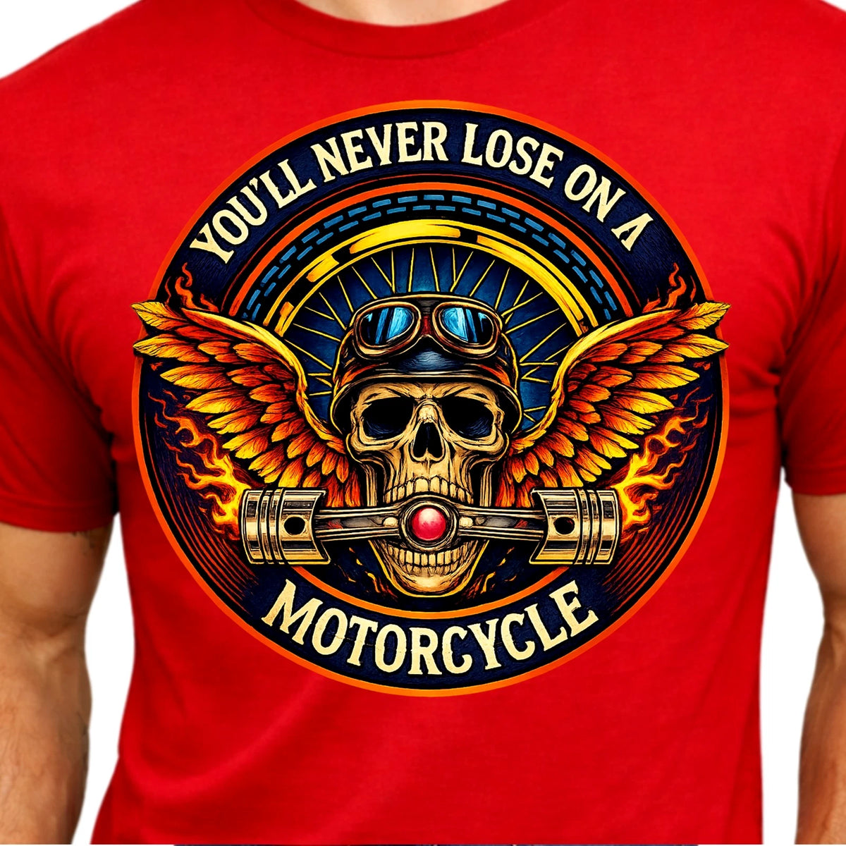 Winged Skull Motorcycle T-Shirt Biker Helmet Pistons Flames Gothic Graphic Tee