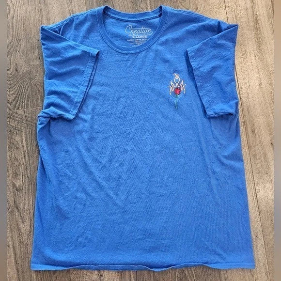 Mens Blue T-Shirt XL Embroidered Rose on Fire Graphic Tee 100% Cotton Spring