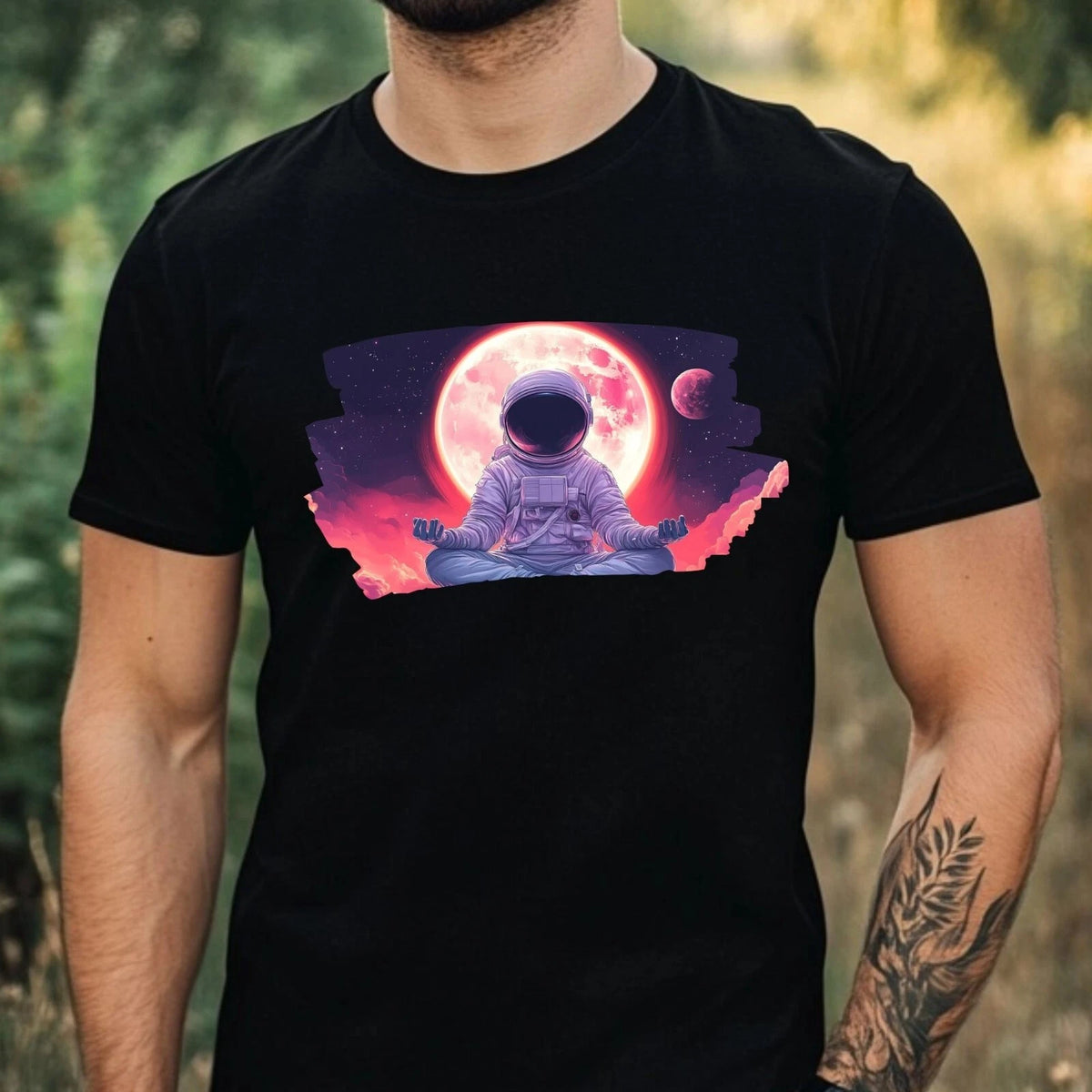 Mens Meditating Astronaut Motif Cotton T-Shirt Size XS to 5XL