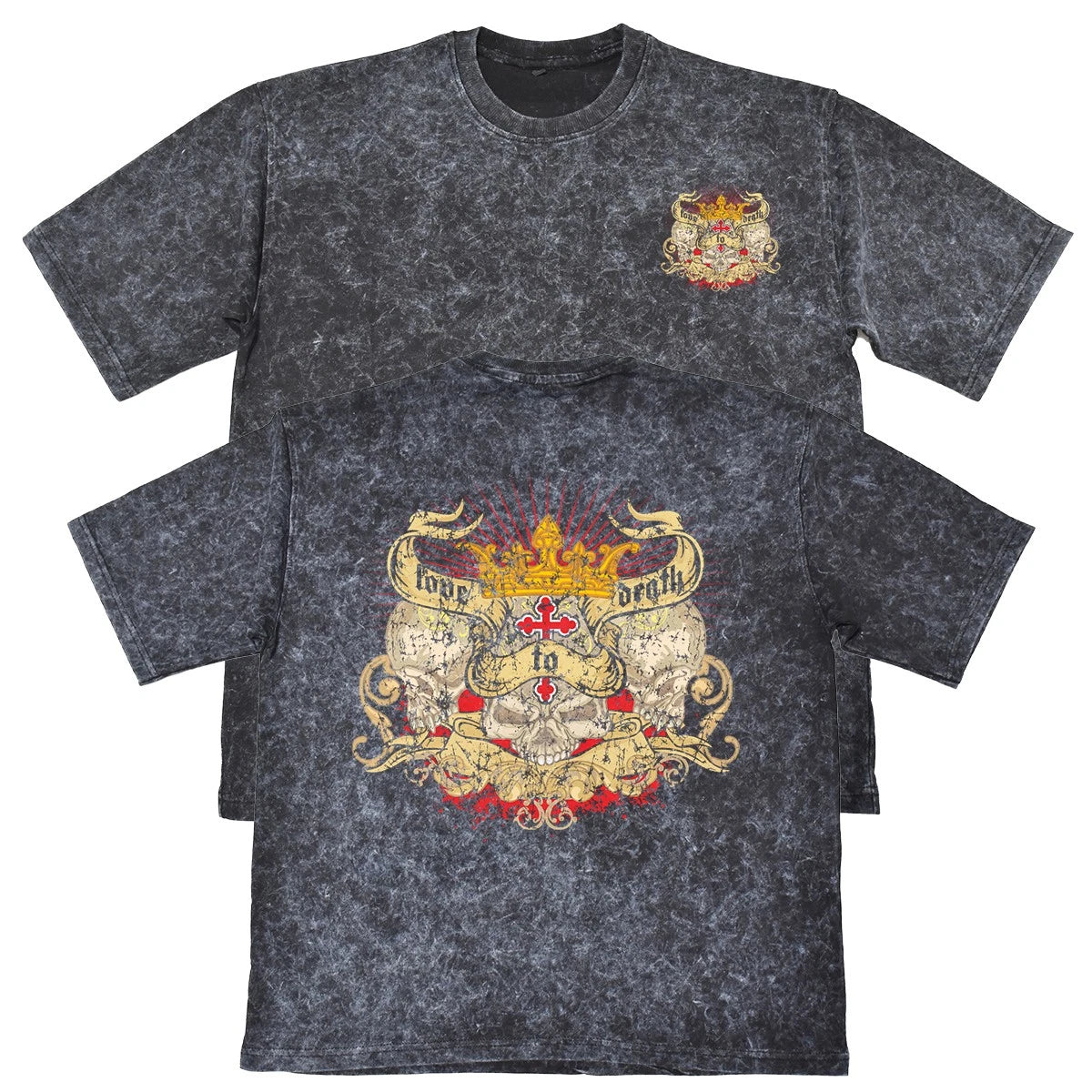 Love To Death Mens Carbon Grey Heavyweight 240gsm Vintage T-Shirt Gothic Skull