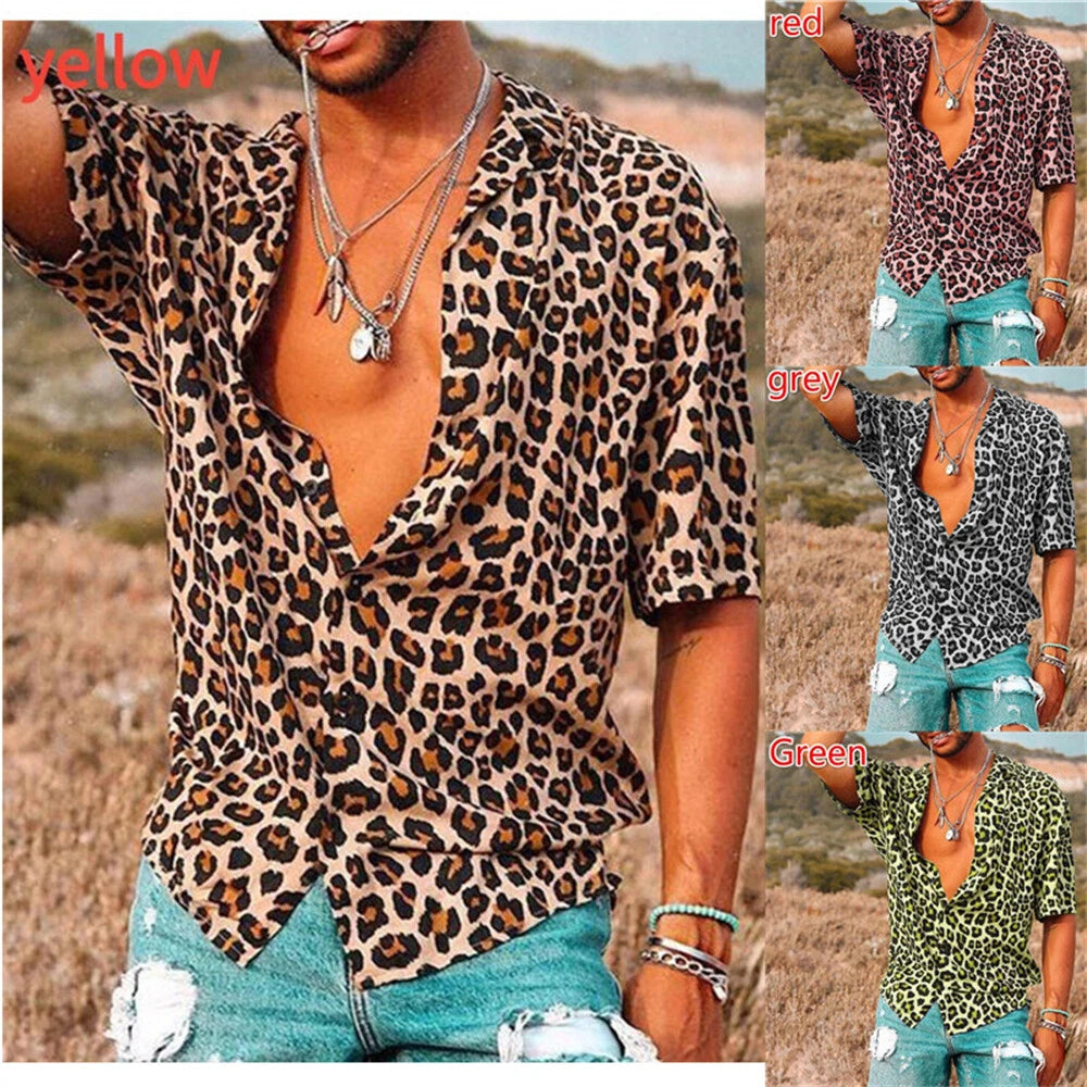Men's Leopard Print Shirt Casual Slim Shirts Short Sleeve Button Down Top Blouse