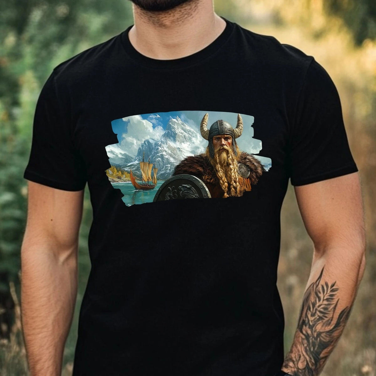 Mens Viking Portrait Motif Cotton T-Shirt Size XS to 5XL