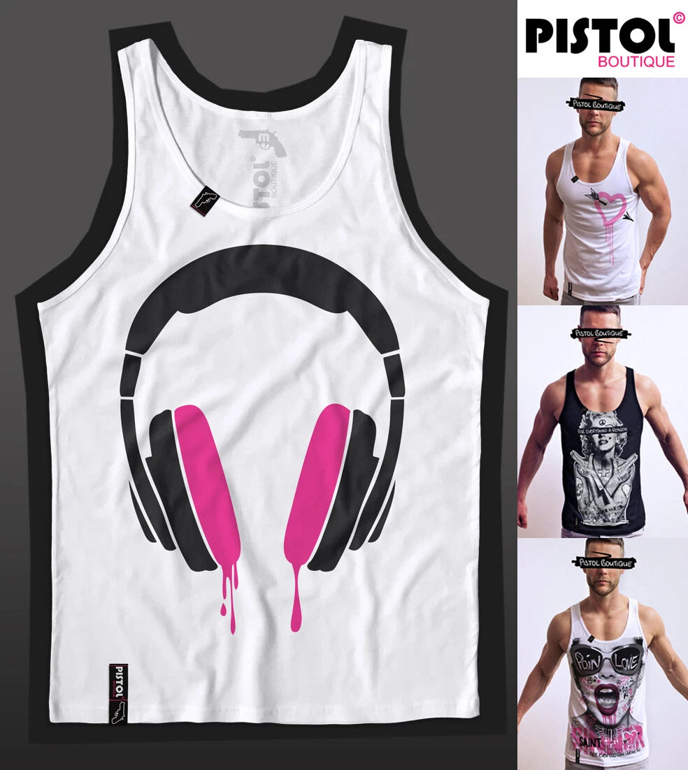 Pistol Boutique men's White HEADPHONES DRIBBLE Music Singlet Vest Top Tank