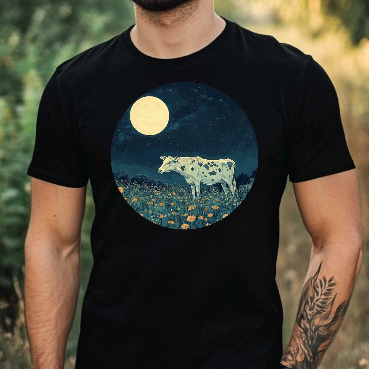 Mens Cow in Moonlight Motif Cotton T-Shirt Size XS to 5XL
