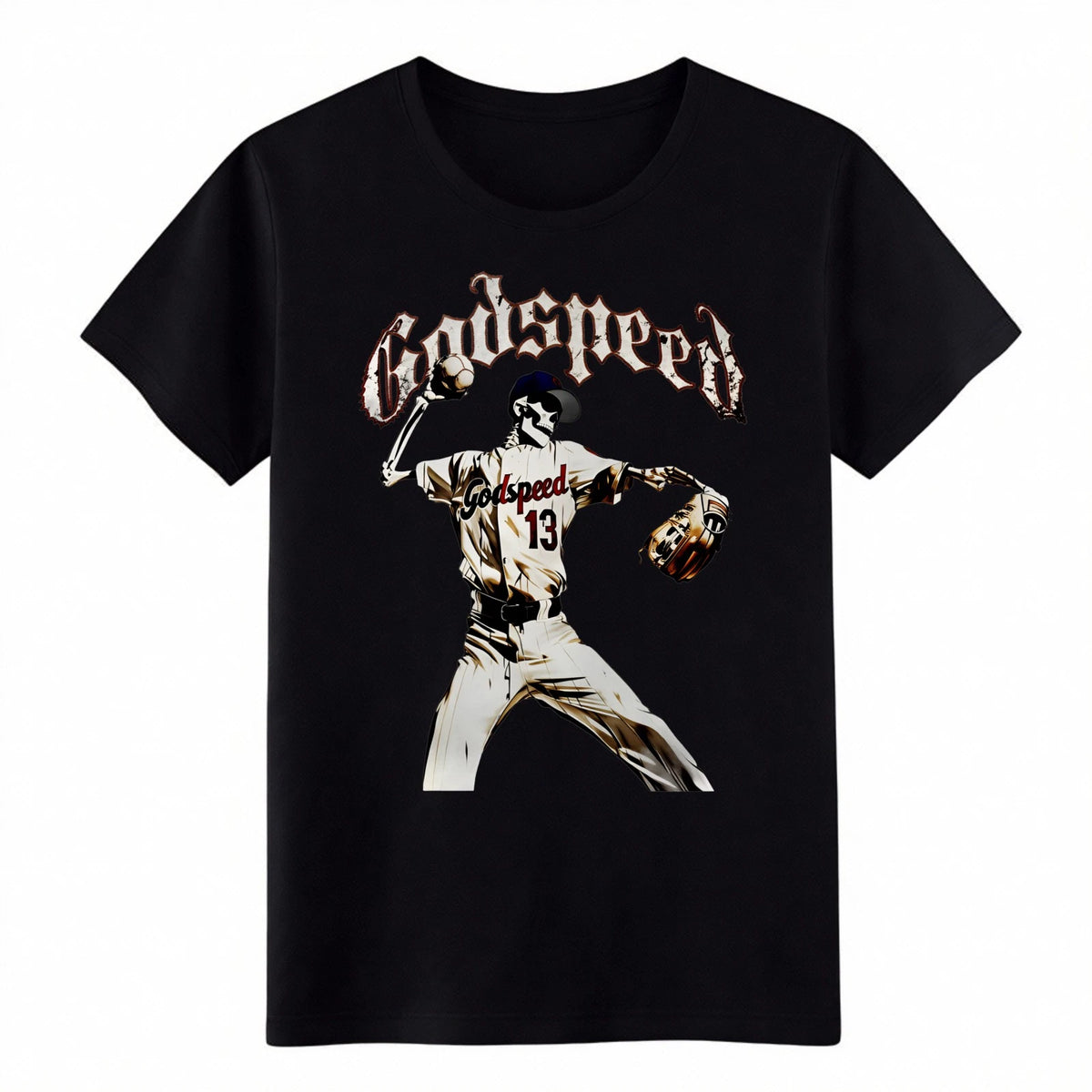 Godspeed Skeleton Baseball Pitcher T-Shirt Gothic Sports Graphic Streetwear Tee