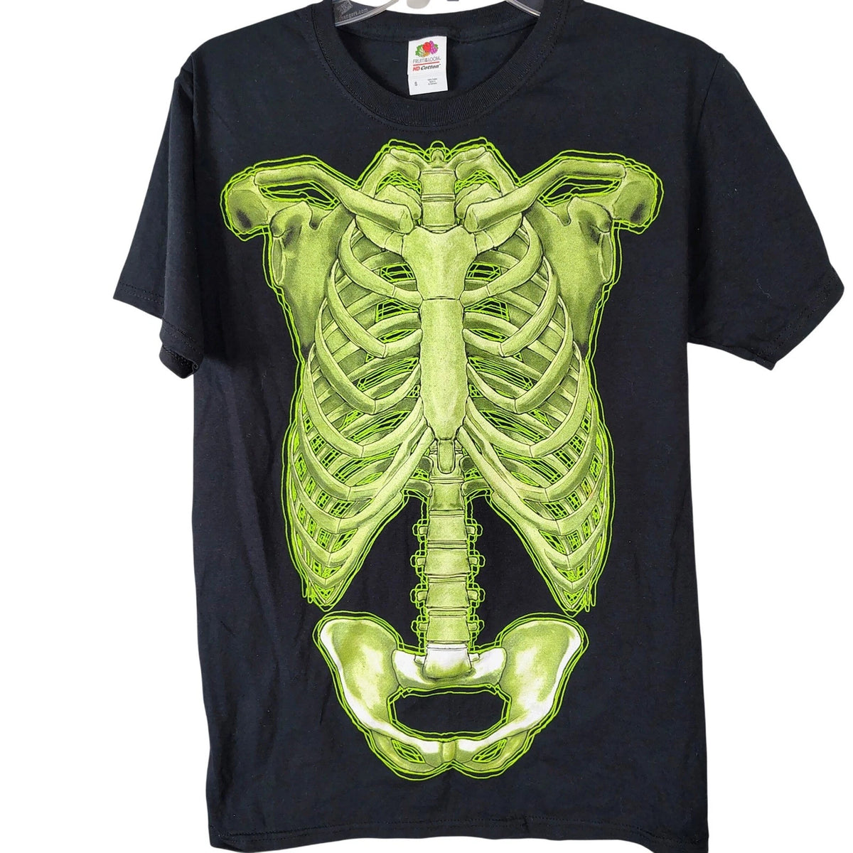 Fruit of the Loom HD Cotton Skeleton Rib Cage Graphic T-Shirt Black Neon Green S