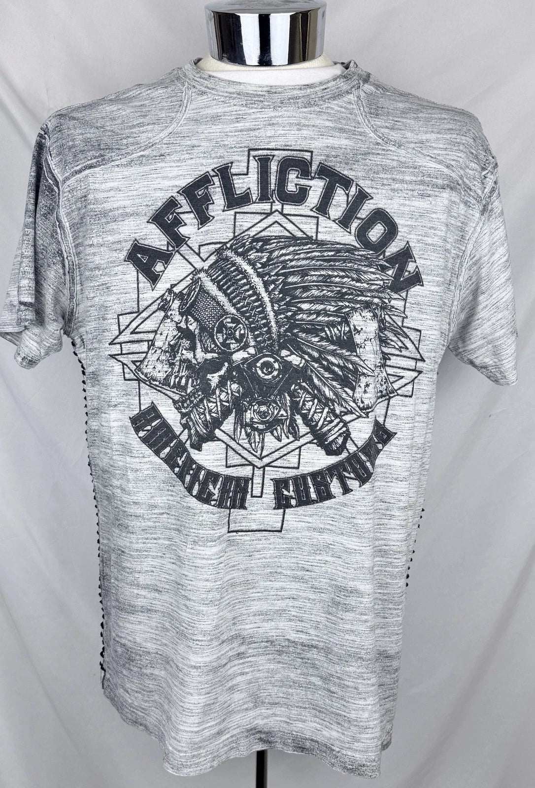 Y2K Affliction American Customs Indian Skull Two Sided Premium Gray T-Shirt XL