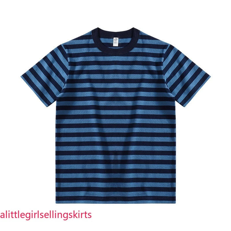 Cotton Striped Round-Neck Pullover Short-Sleeved T-Shirt Men Women Tops Blouse