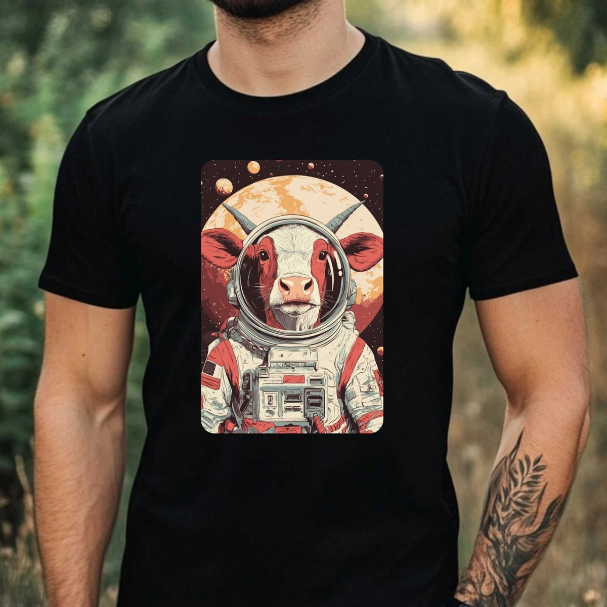 Mens Cow as Astronaut Motif Cotton T-Shirt Size XS to 5XL