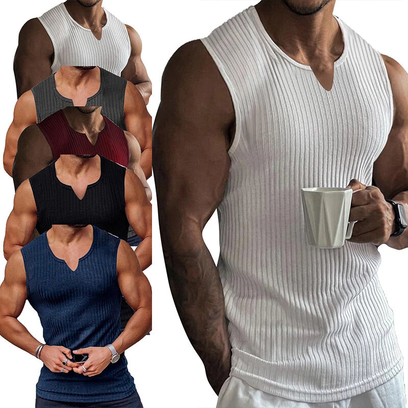 Mens Ribbed Knit Tank Tops Vest Undershirt Solid Color Gym Workout Muscle Shirt