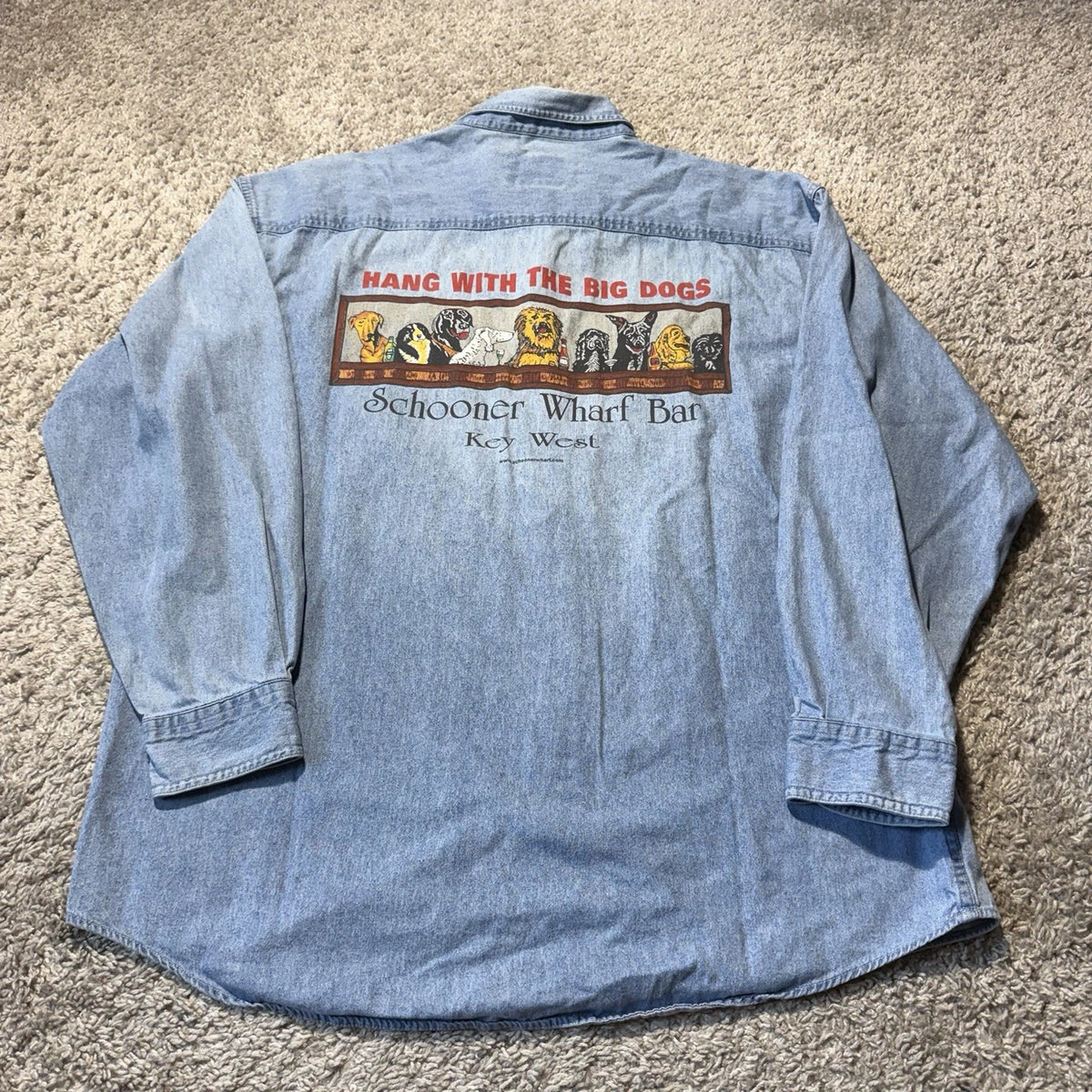 Key West Schooner Wharf Bar VTG Denim Shirt Mens XL Blue Double Sided Dogs