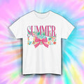 Summer Vibes Shirt Pink Bow Floral Beach Vacation Coastal Fun Tee S-5XL