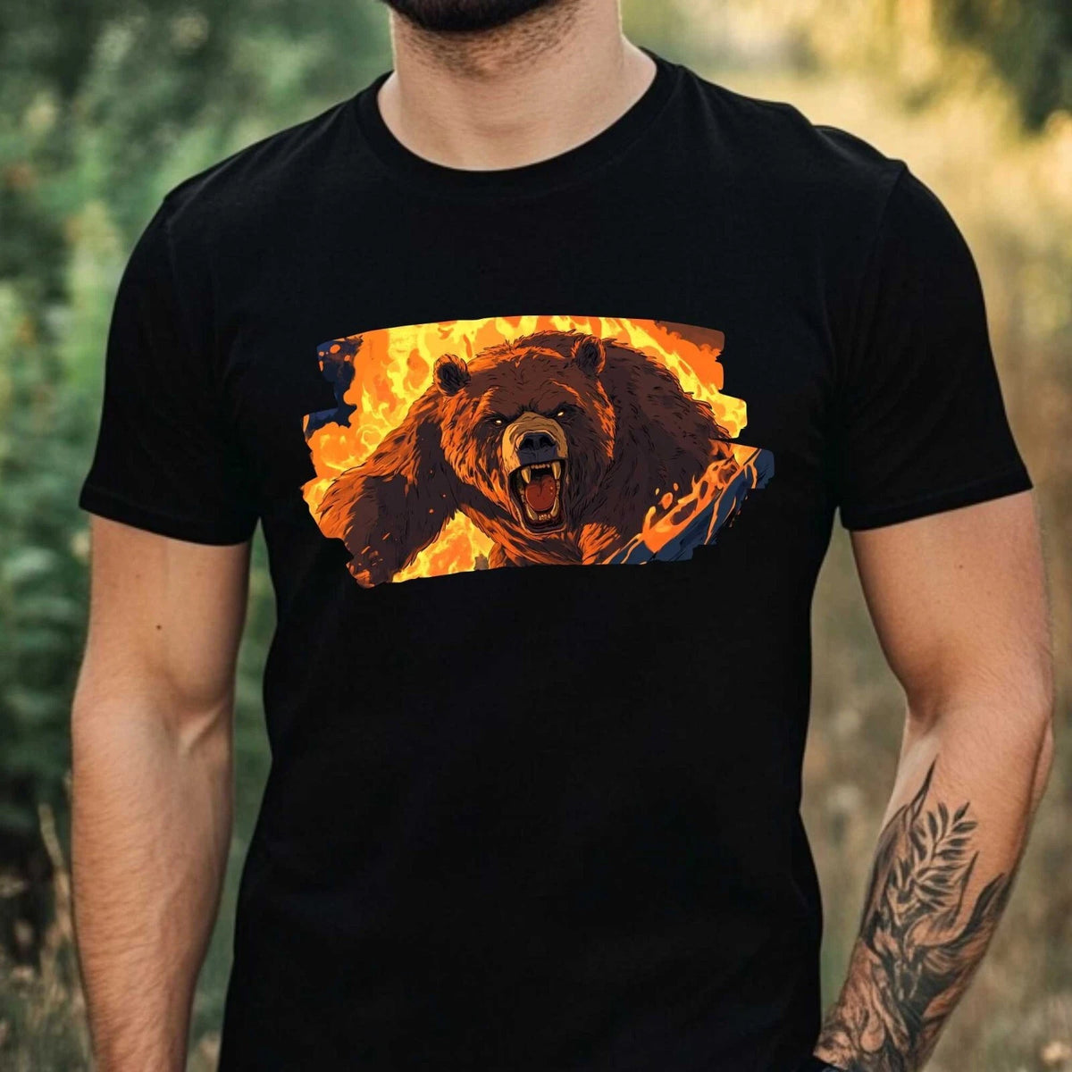Mens Burning Bear Motif Cotton T-Shirt Size XS to 5XL