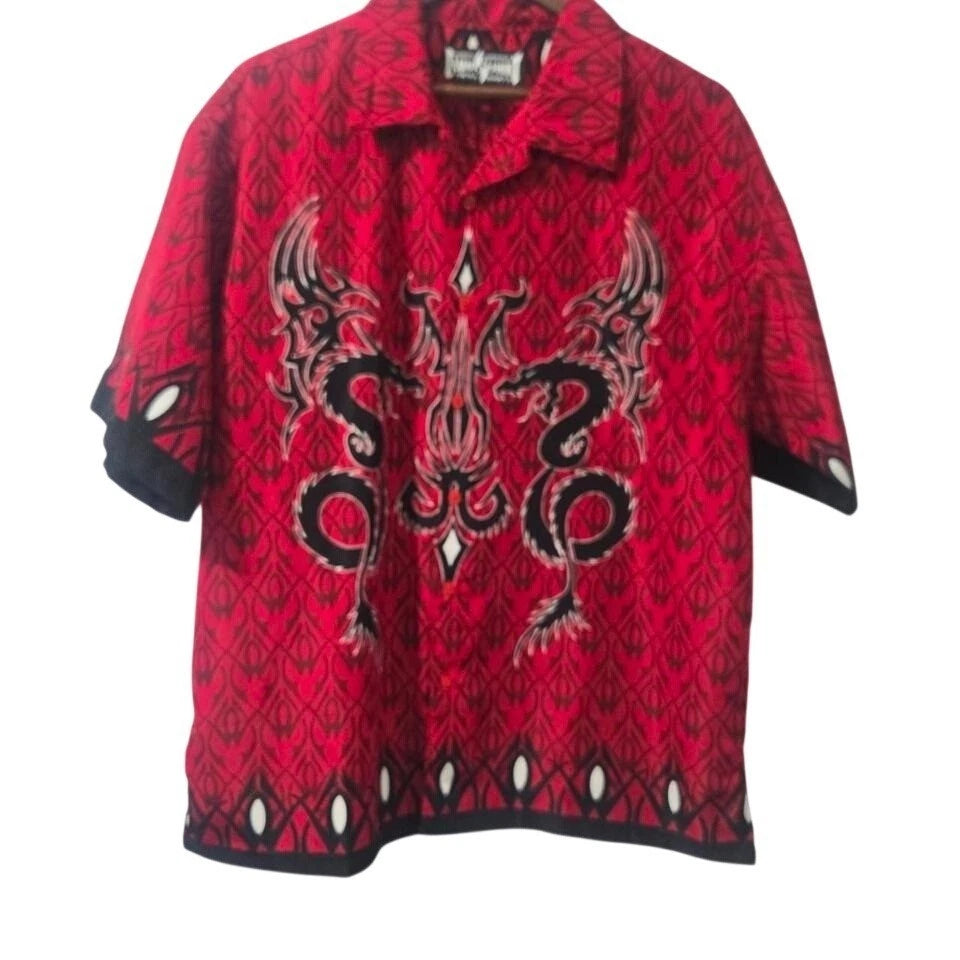 Liquid Blue Dragon Shirt Mens Red Black Button Up Steve & Barrys Y2K Graphic Lrg