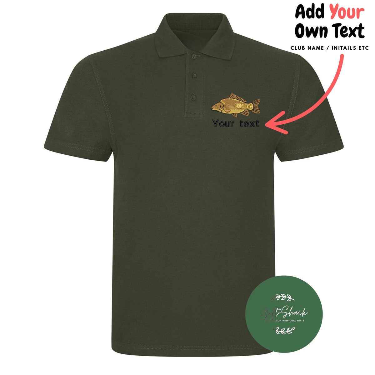 Carp Fishing Polo - Custom Premium Polo Shirt Embroidered Carp Design & Text