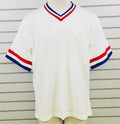 Vtg Mens L Sanjian Shirt V-Neck White Red Blue Polyester Trim Made in California