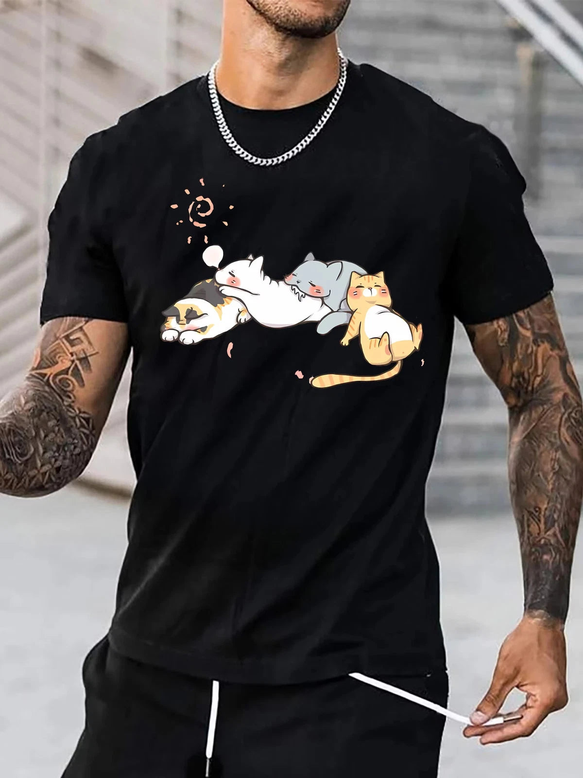 Cute Cats Napping Print Tee Shirt, Tee For Men, Casual Short Sleeve T-shirt For
