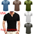 Henley Tee Shirt Solid Color Short Sleeve Button Up White Black Green Blue Brown