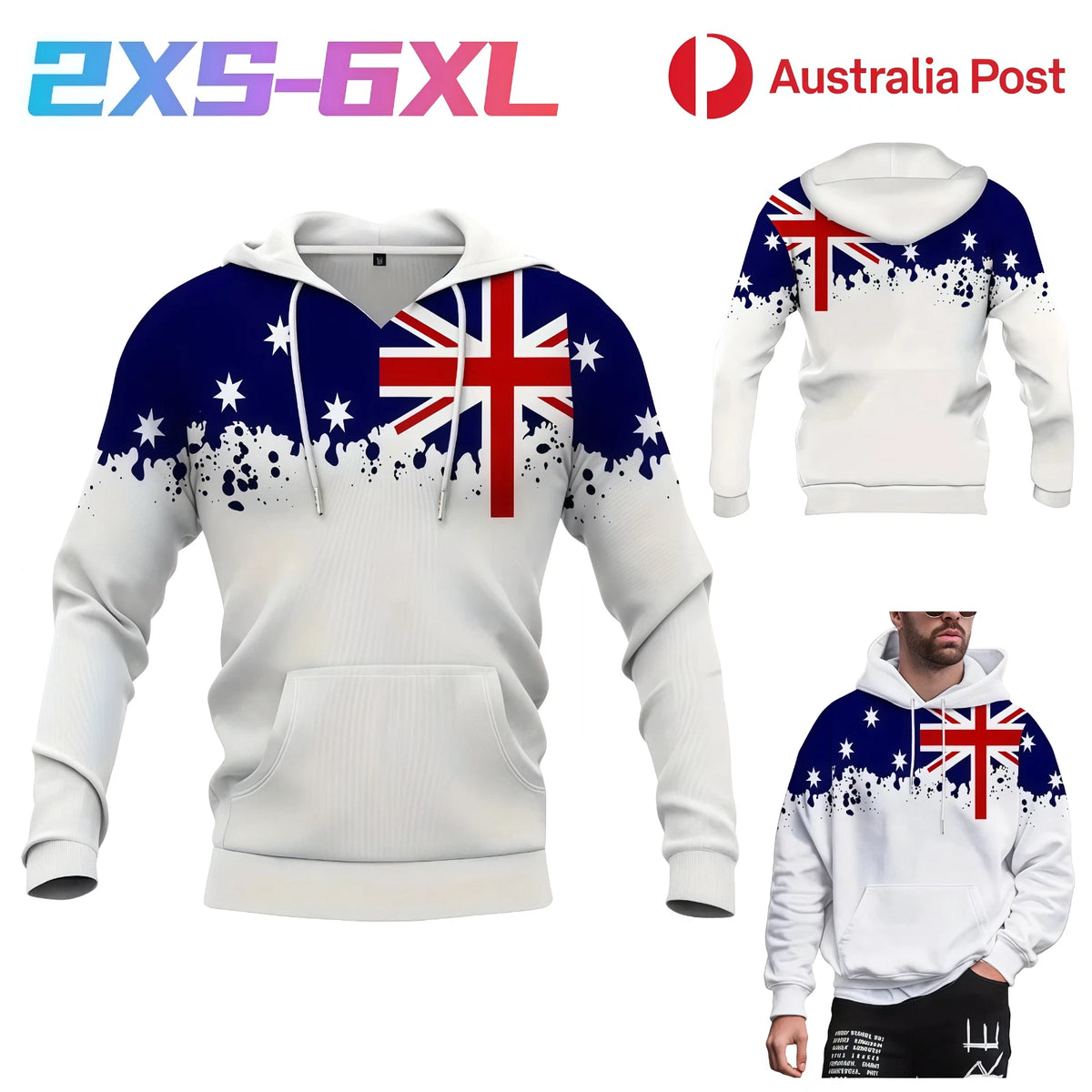 Mens Australian Shirt 3D Print Pullover Long Sleeve Breathable Winter Hooded AU